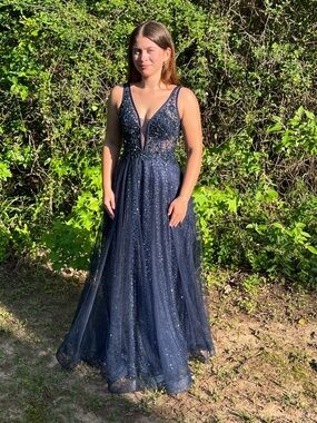 Elegant Navy Sparkle A-Line Evening Dress
